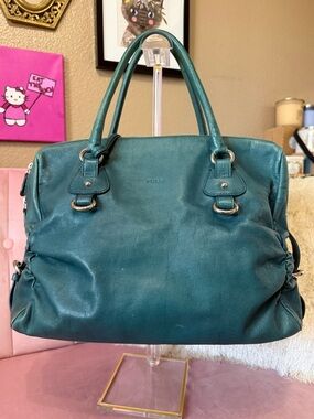 Authentic FURLA Teal Green Leather Satchel Shoulder Bag w Silver Hardware